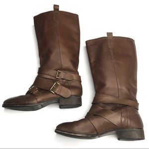Joie Brown Leather Riding Buckle Pull On Boots 38